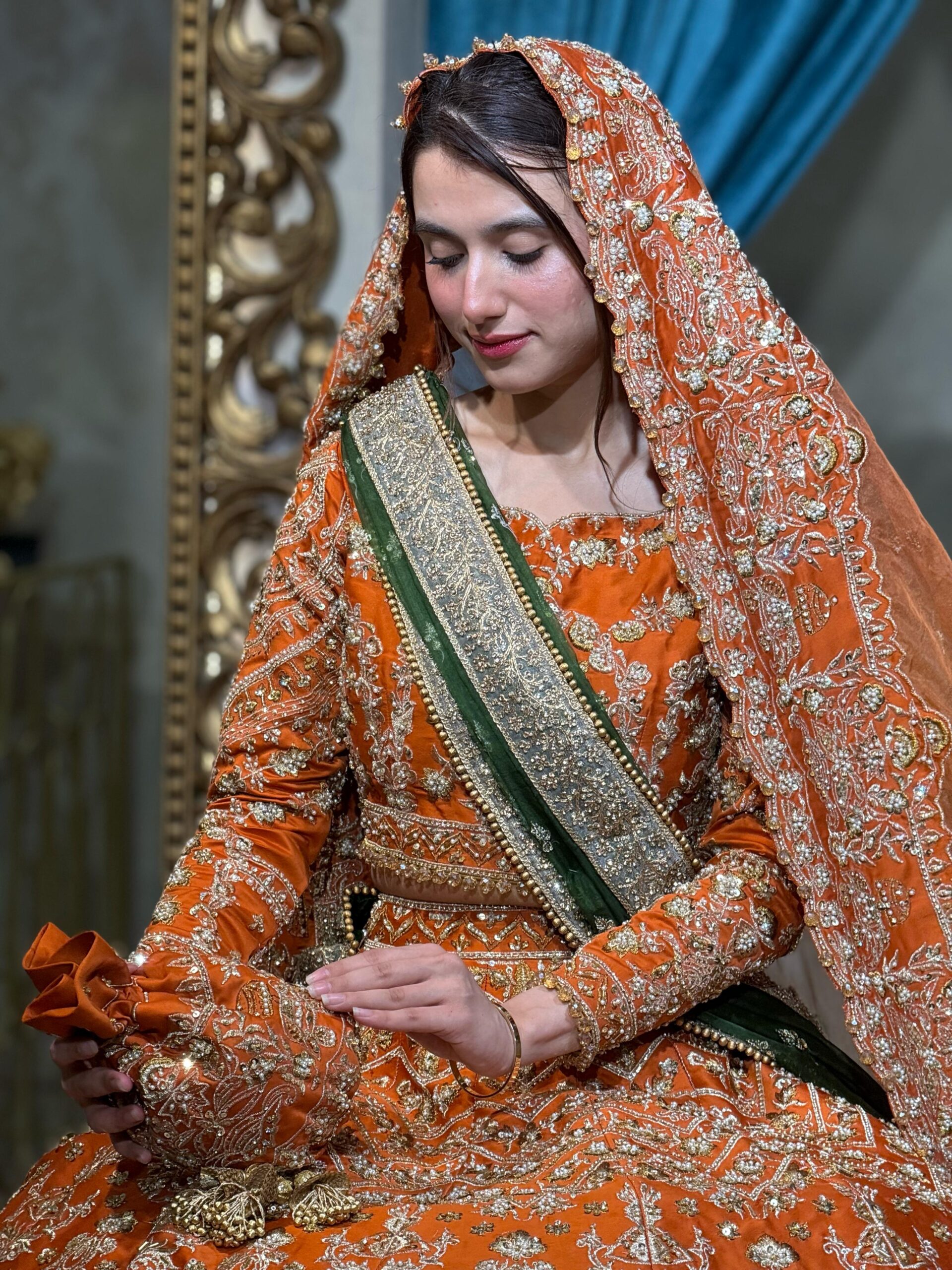 Pakistani Rust Orange Embellished Silk Bridal Choli Lehenga (3-Piece) - Image 4