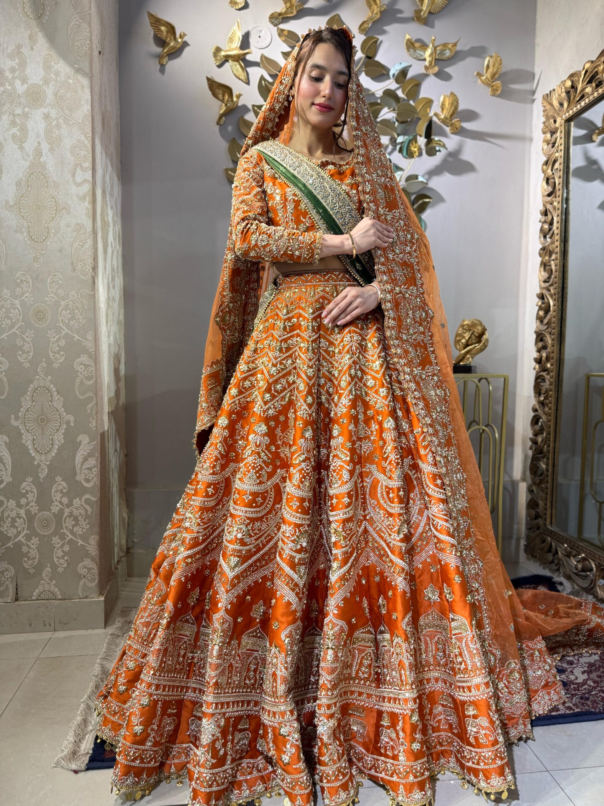 Pakistani Rust Orange Embellished Silk Bridal Choli Lehenga (3-Piece) - Image 5