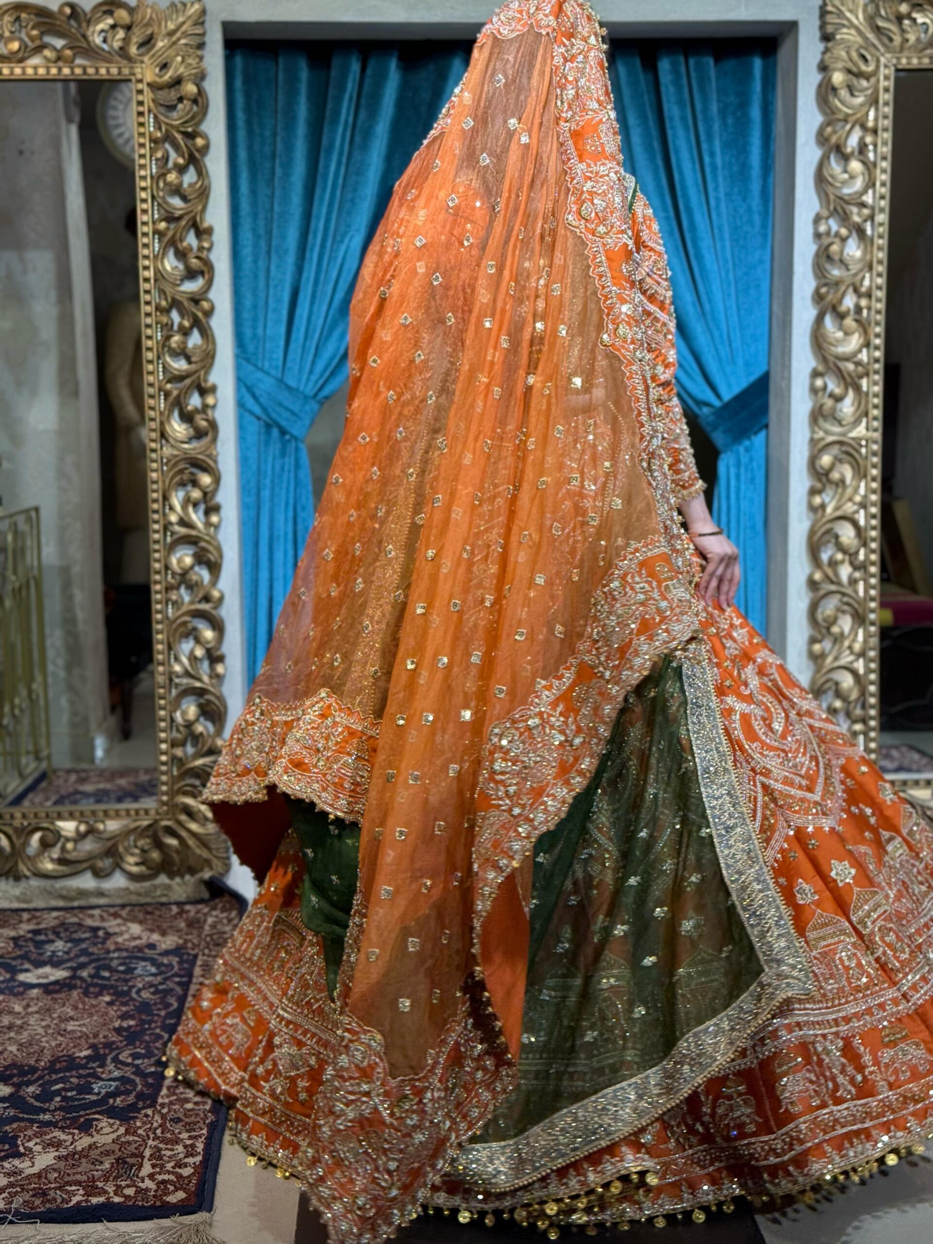 Pakistani Rust Orange Embellished Silk Bridal Choli Lehenga (3-Piece) - Image 6