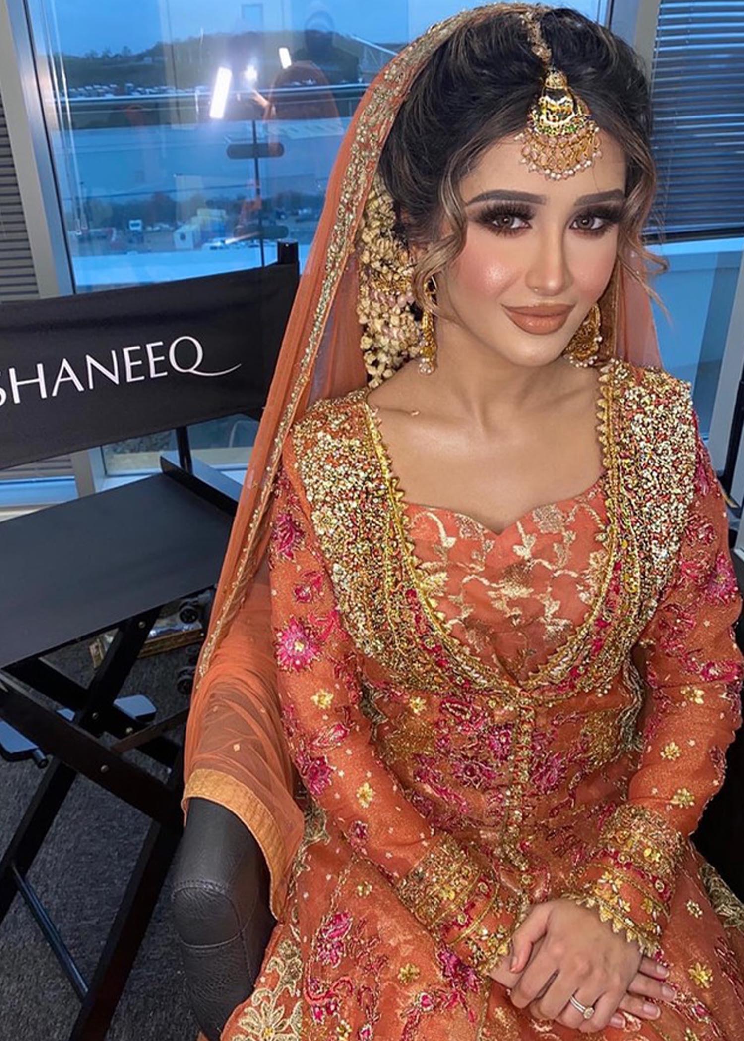 Burnt Orange Embroidered Net Silk Bridal Lehenga (3-Piece) - Image 2