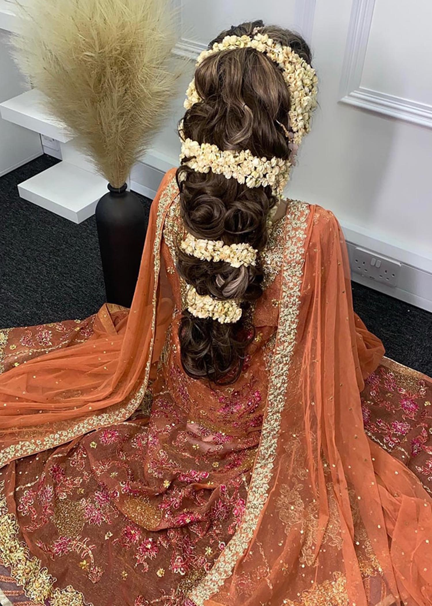 Burnt Orange Embroidered Net Silk Bridal Lehenga (3-Piece) - Image 3