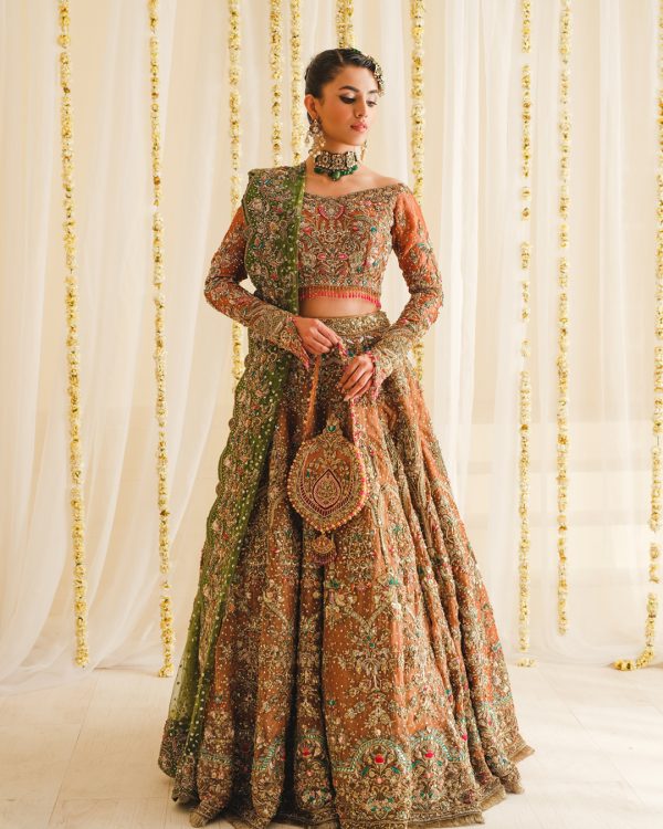 Burnt Orange Zardozi Silk Bridal Lehenga (3-Piece) - Image 1