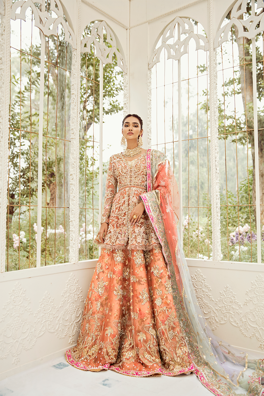 Burnt Orange Embellished Silk Lehenga (3-Piece) - Image 2