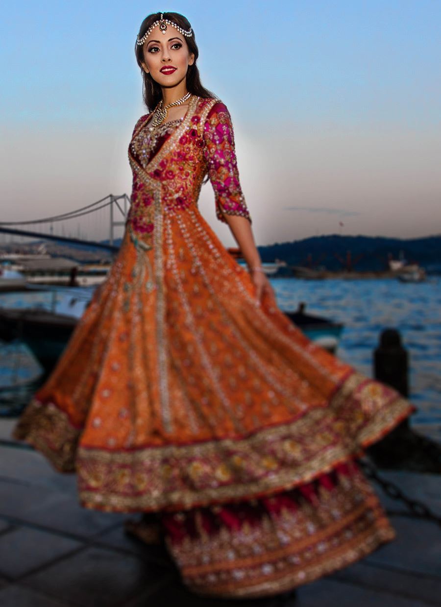 Orange Zari Embroidered Silk Angrakha Lehenga (3-Piece) - Image 1