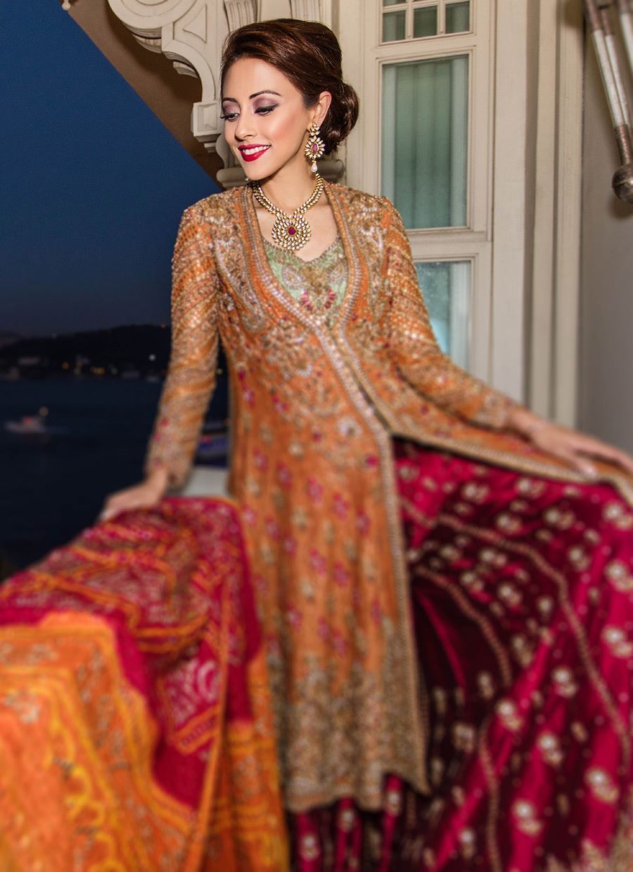 Pakistani Orange Zari Sequin Silk Bridal Lehenga (3-Piece) - Image 1