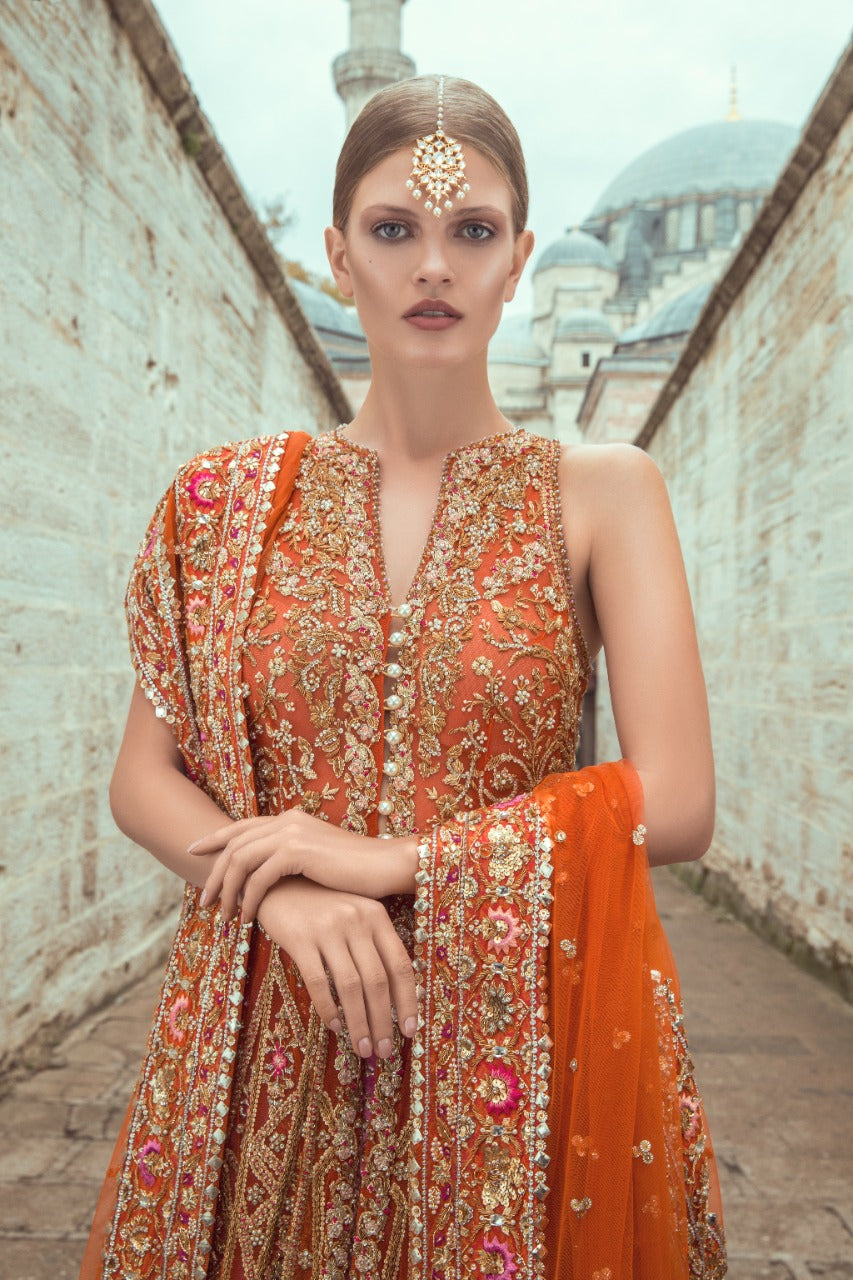 Pakistani Tangerine Zardozi Net & Velvet Bridal Lehenga (3-Piece) - Image 1