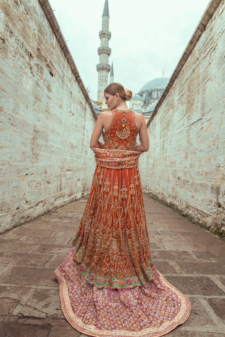 Pakistani Tangerine Zardozi Net & Velvet Bridal Lehenga (3-Piece) - Image 2
