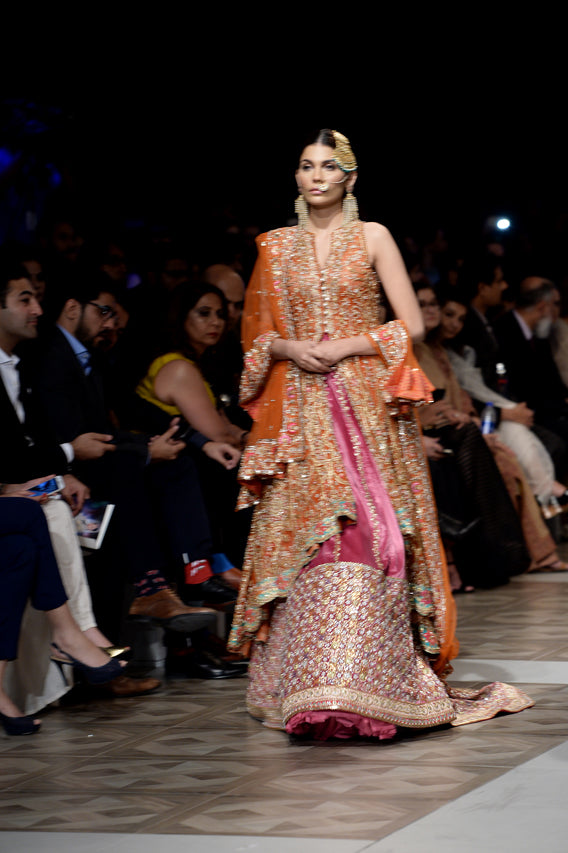 Pakistani Tangerine Zardozi Net & Velvet Bridal Lehenga (3-Piece) - Image 3