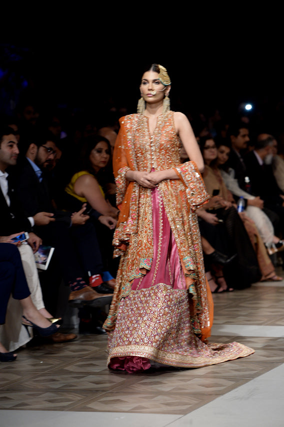 Pakistani Tangerine Zardozi Net & Velvet Bridal Lehenga (3-Piece) - Image 4