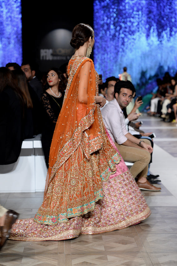 Pakistani Tangerine Zardozi Net & Velvet Bridal Lehenga (3-Piece) - Image 6