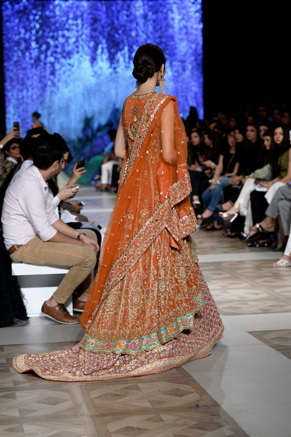 Pakistani Tangerine Zardozi Net & Velvet Bridal Lehenga (3-Piece) - Image 7