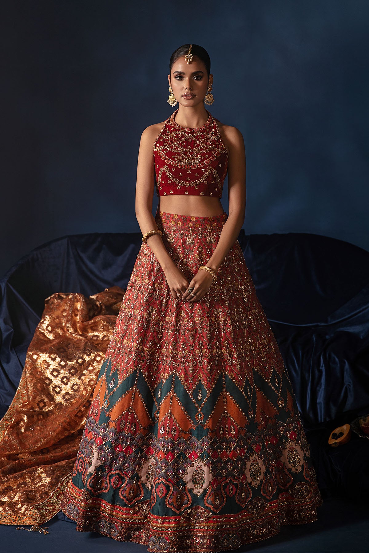Pakistani Burnt Orange Zardozi Velvet Silk Lehenga Choli (3-Piece) - Image 1