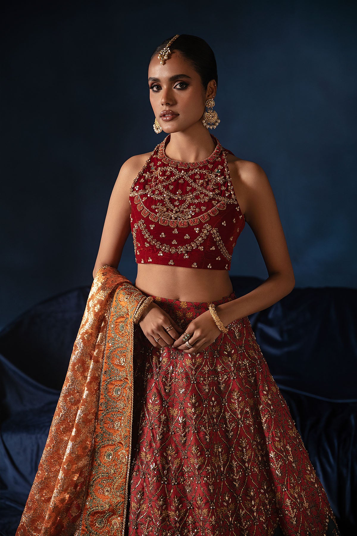 Pakistani Burnt Orange Zardozi Velvet Silk Lehenga Choli (3-Piece) - Image 3