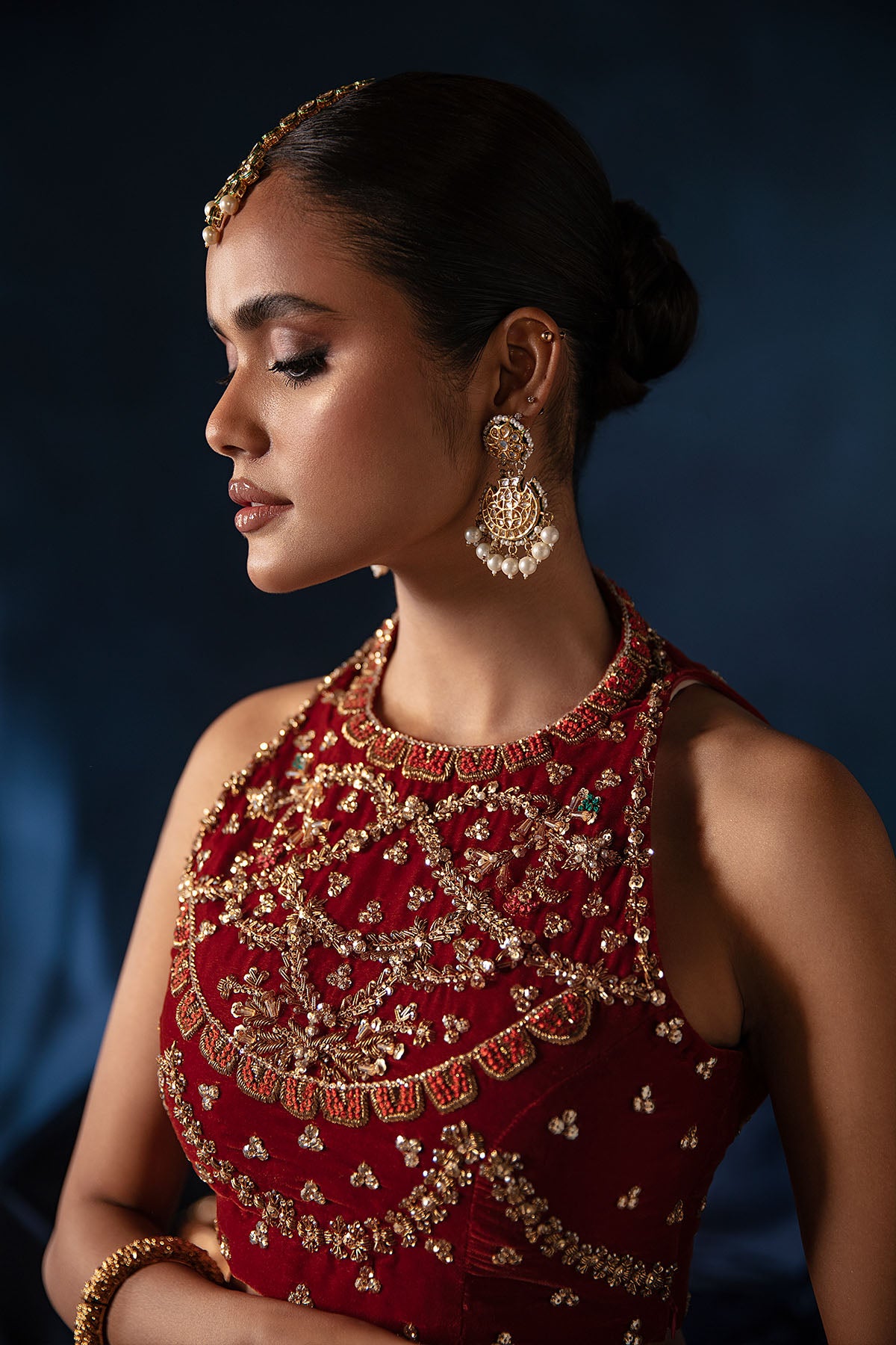 Pakistani Burnt Orange Zardozi Velvet Silk Lehenga Choli (3-Piece) - Image 4