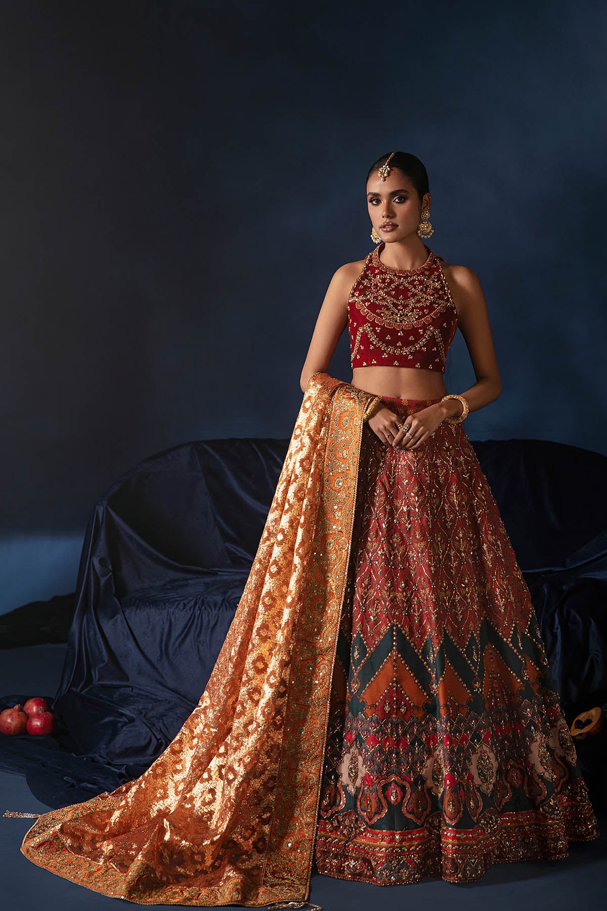 Pakistani Burnt Orange Zardozi Velvet Silk Lehenga Choli (3-Piece) - Image 2