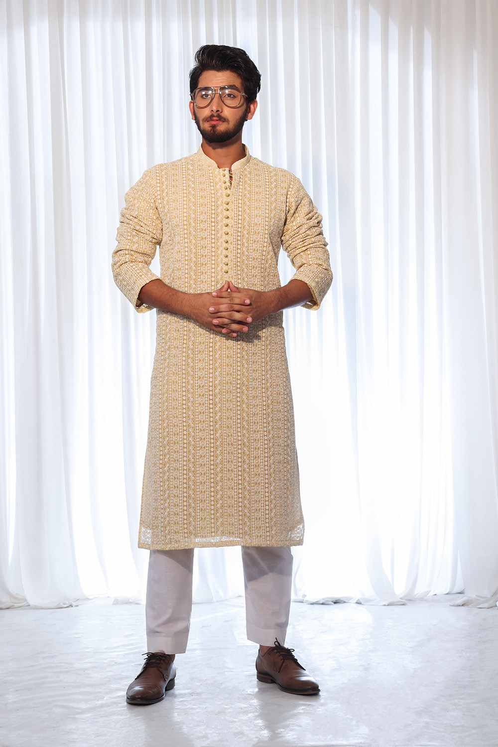 Light Orange Embroidered Cotton-Silk Kurta (2-Piece) - Image 1