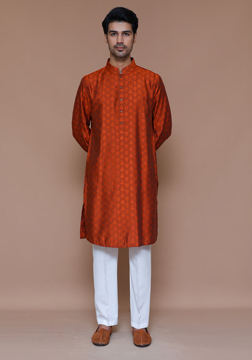 Rust Jamawar Embroidered Kurta (2-Piece) - Image 1