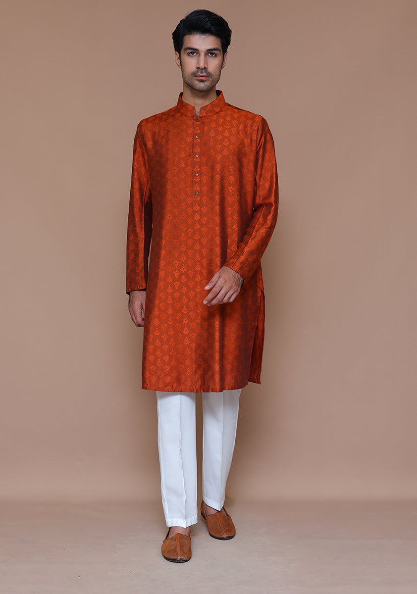 Rust Jamawar Embroidered Kurta (2-Piece) - Image 2