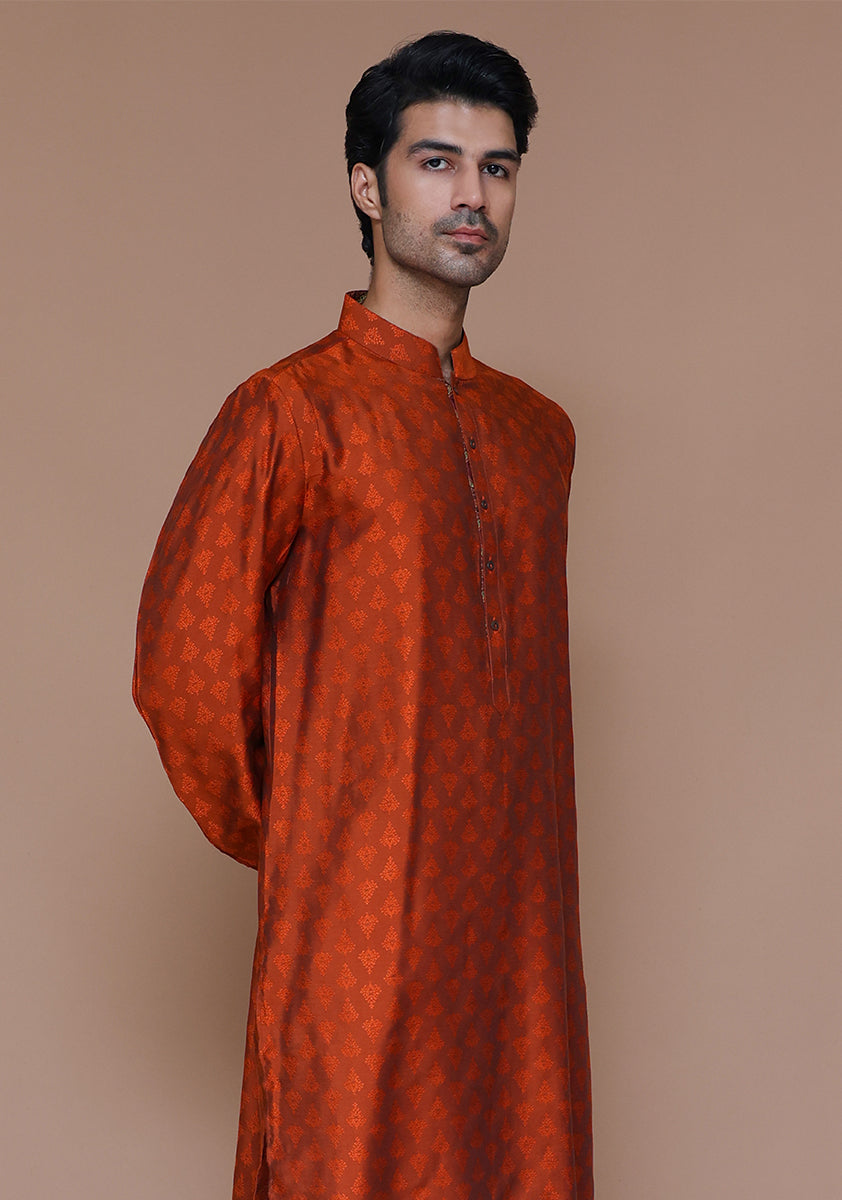 Rust Jamawar Embroidered Kurta (2-Piece) - Image 4
