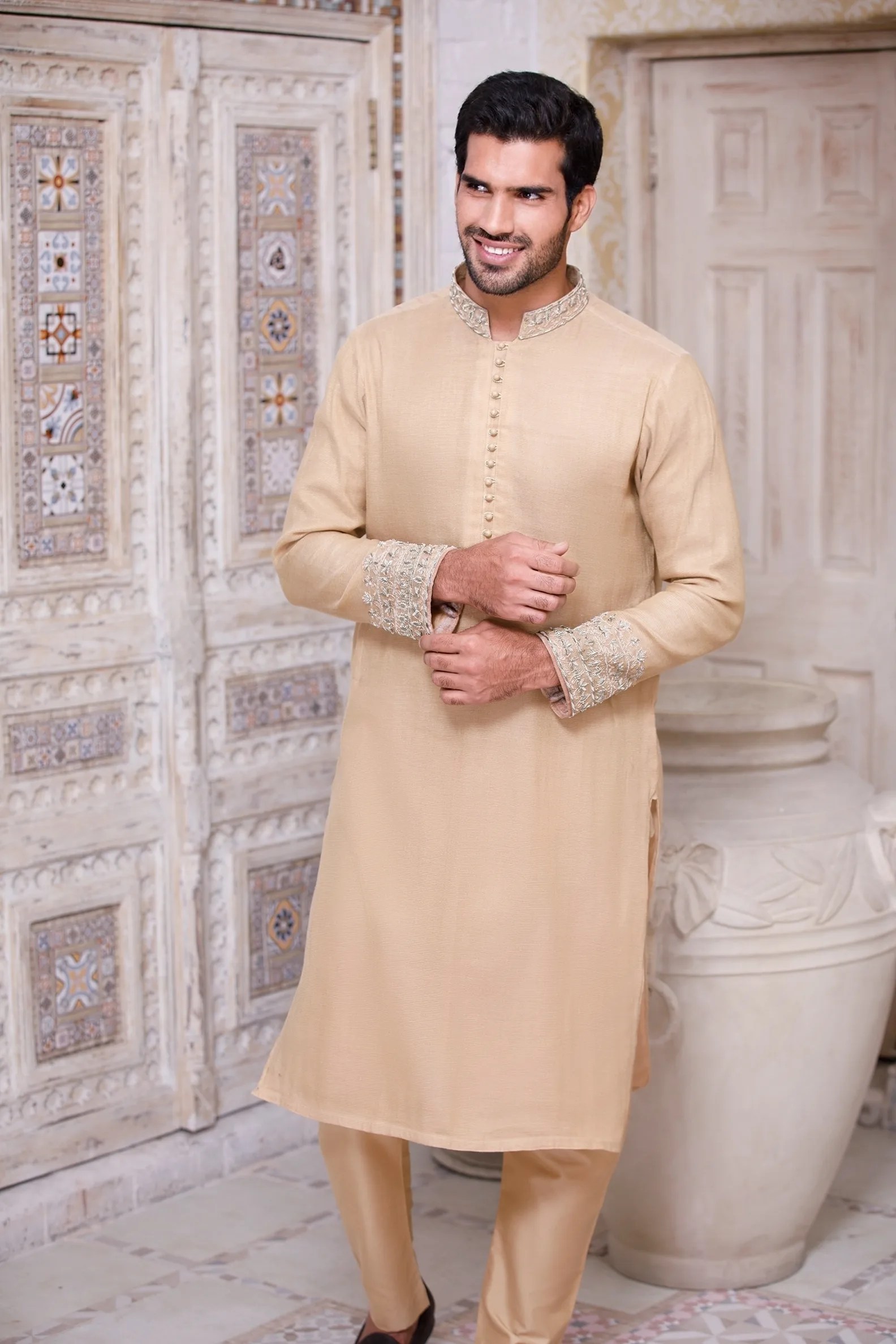 Light Orange Dardozi Embroidered Masouri Kurta (2-Piece) - Image 2