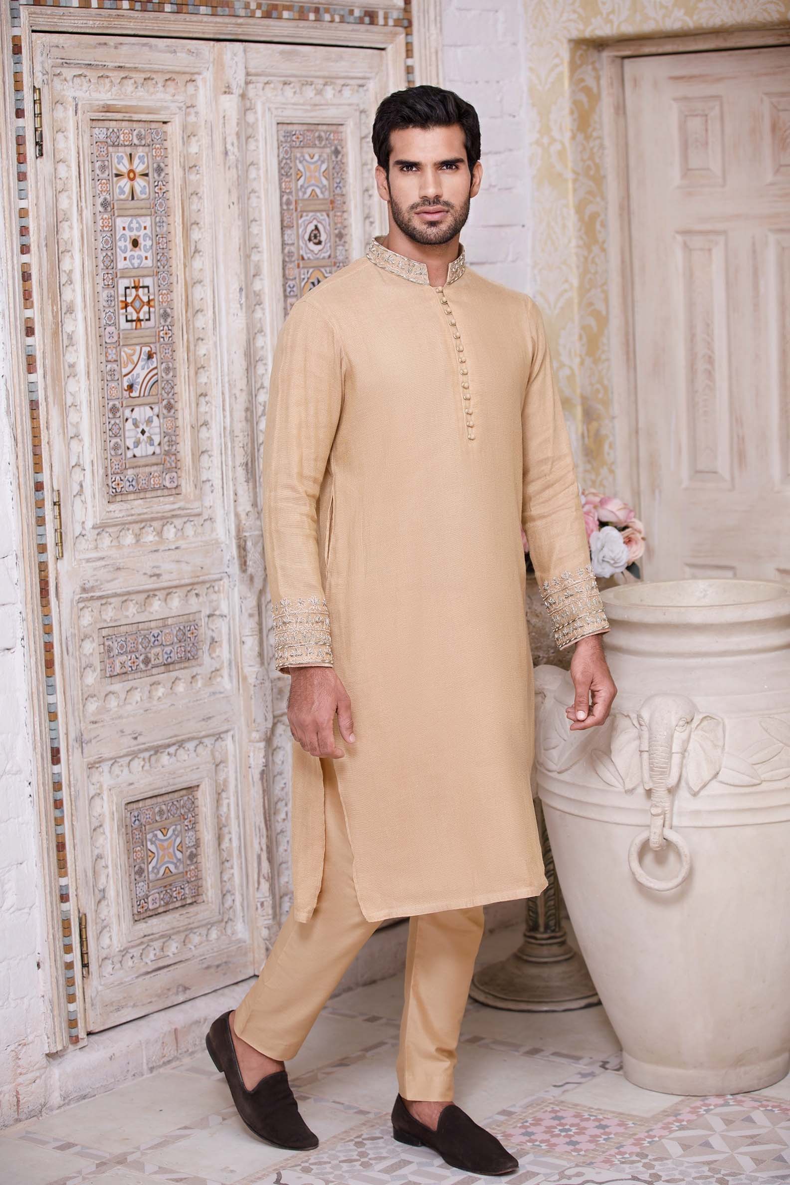 Light Orange Dardozi Embroidered Masouri Kurta (2-Piece) - Image 3