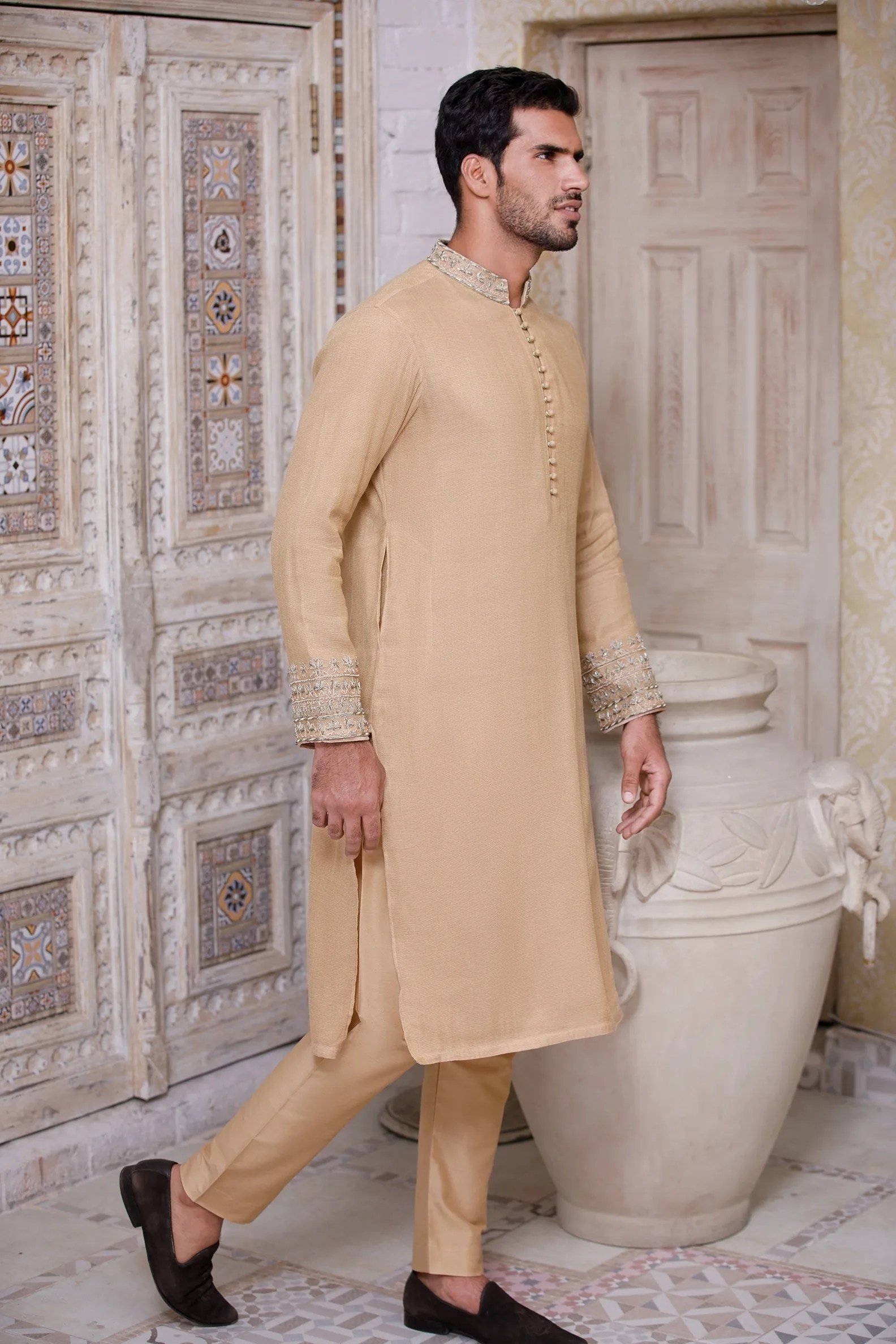 Light Orange Dardozi Embroidered Masouri Kurta (2-Piece) - Image 4