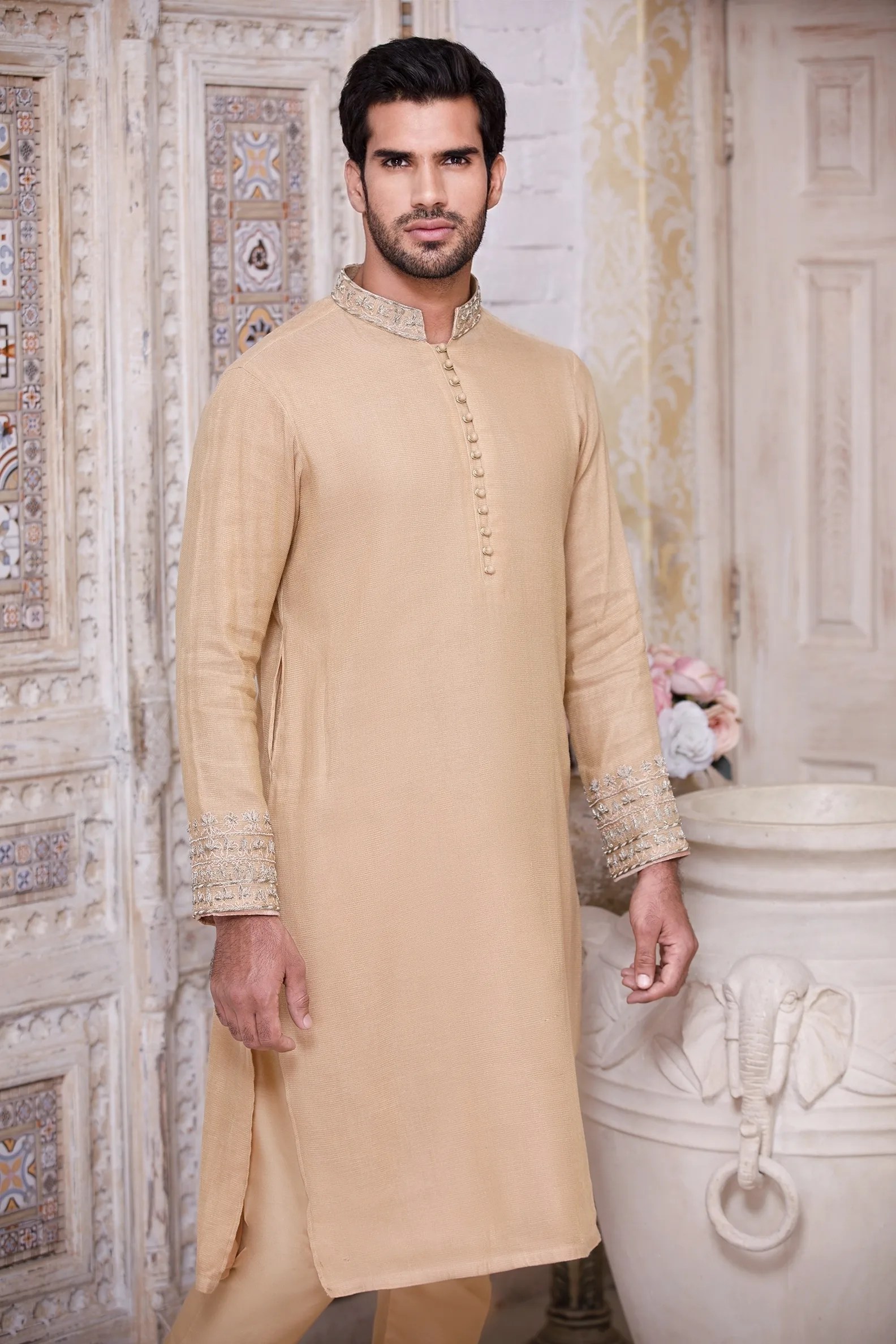 Light Orange Dardozi Embroidered Masouri Kurta (2-Piece) - Image 5