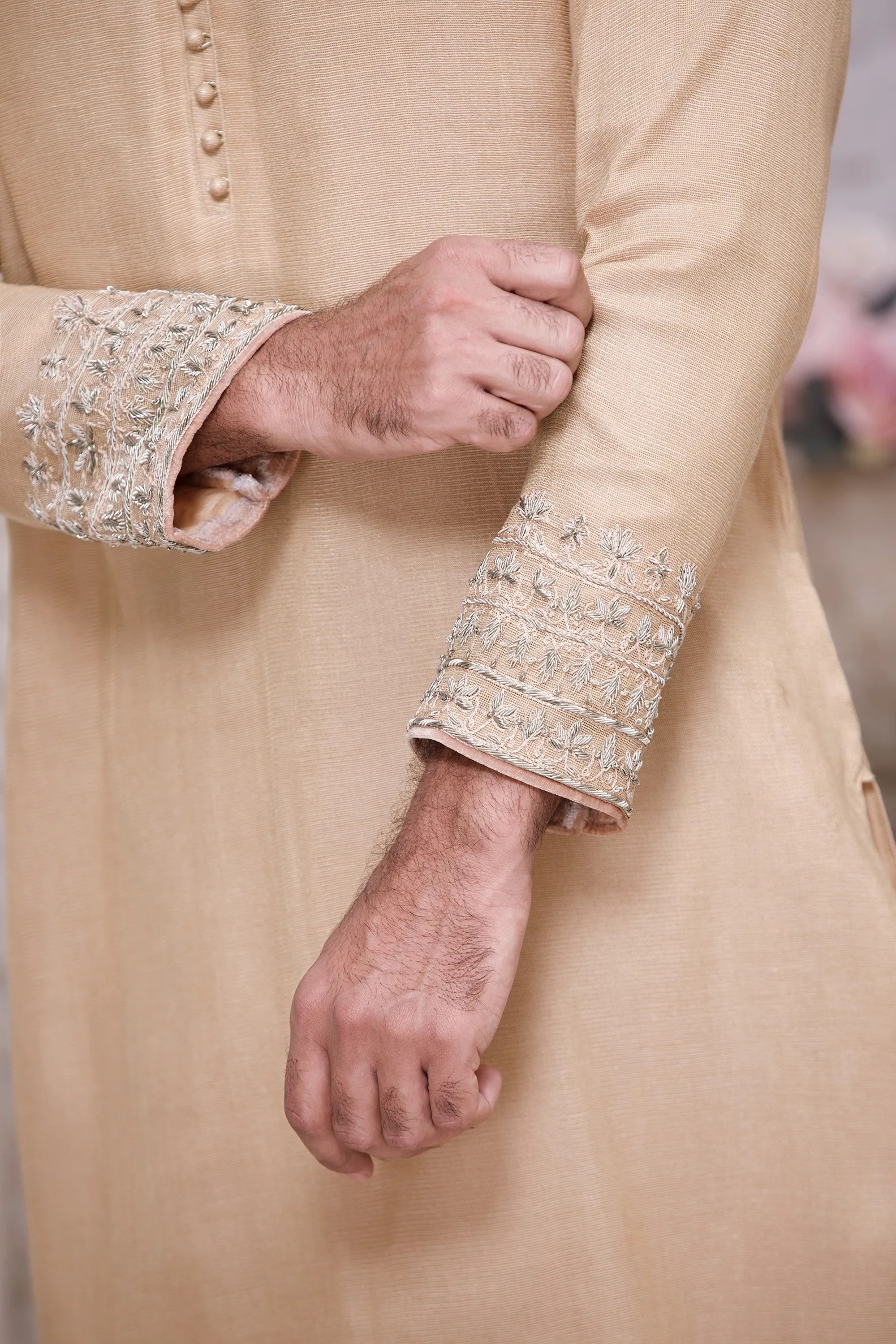 Light Orange Dardozi Embroidered Masouri Kurta (2-Piece) - Image 6