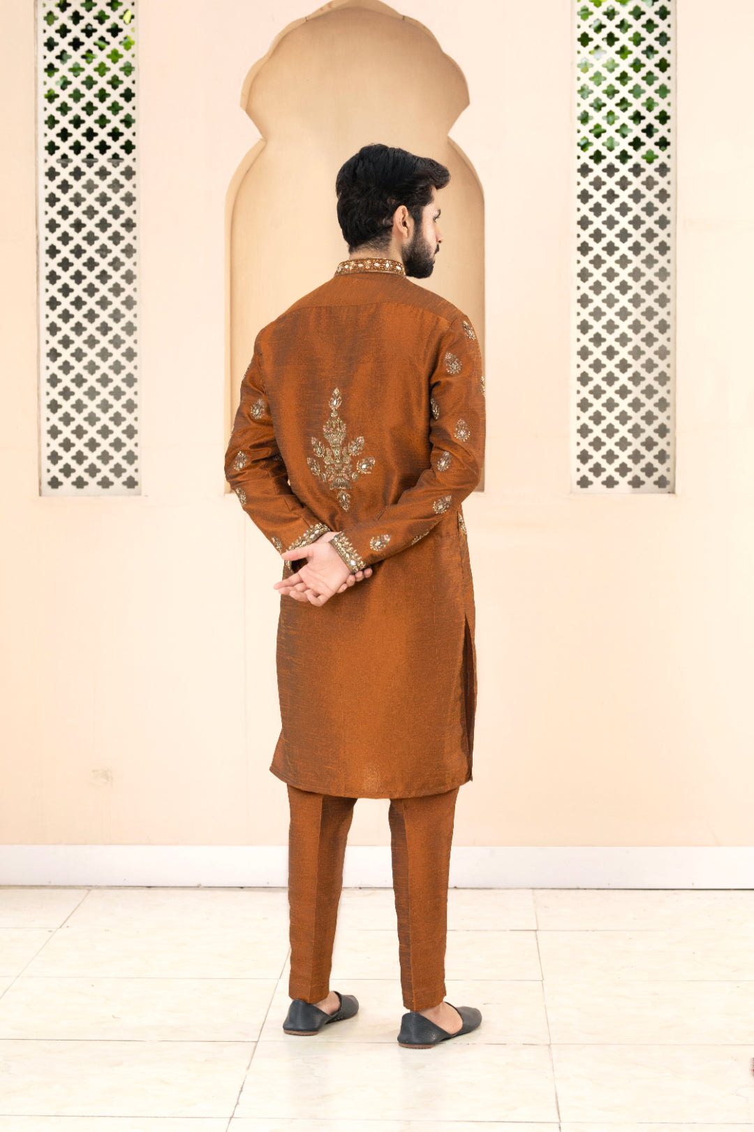 Rust Orange Embroidered Silk Kurta Pajama (2-Piece) - Image 2