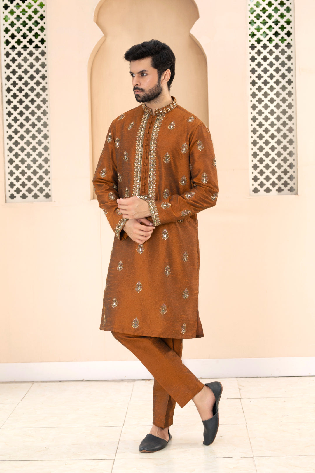 Rust Orange Embroidered Silk Kurta Pajama (2-Piece) - Image 1