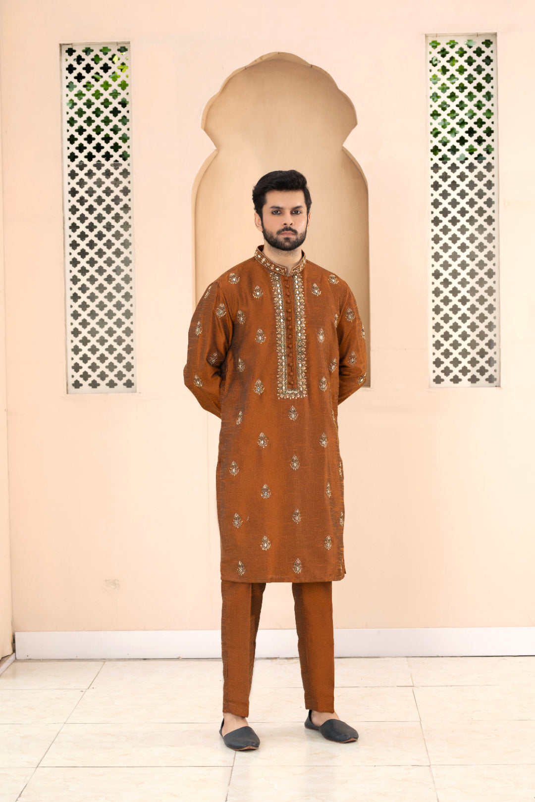 Rust Orange Embroidered Silk Kurta Pajama (2-Piece) - Image 3