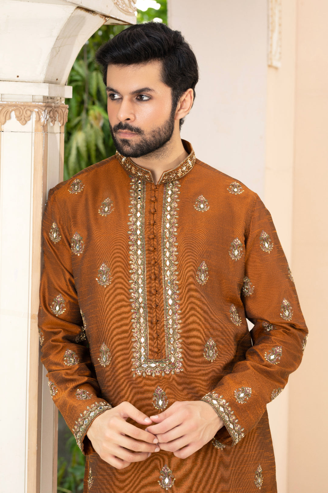 Rust Orange Embroidered Silk Kurta Pajama (2-Piece) - Image 4