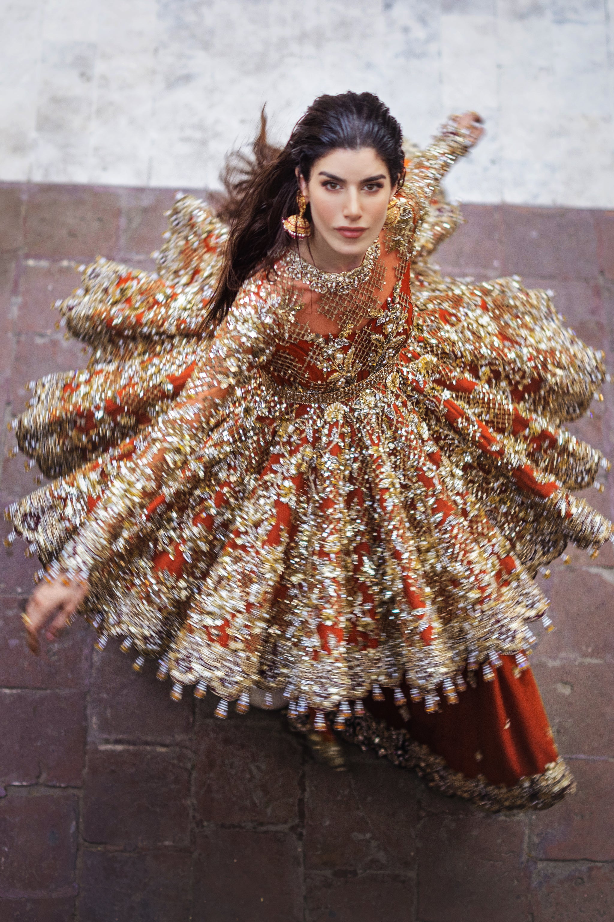 Pakistani Tangerine Naqshi & Gold Gotta Net Peplum (3-Piece) - Image 2