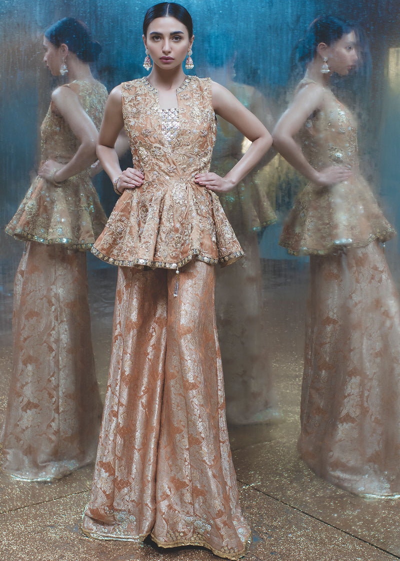 Pakistani Burnt Orange Embellished Organza Brocade Peplum (2-Piece) - Image 1