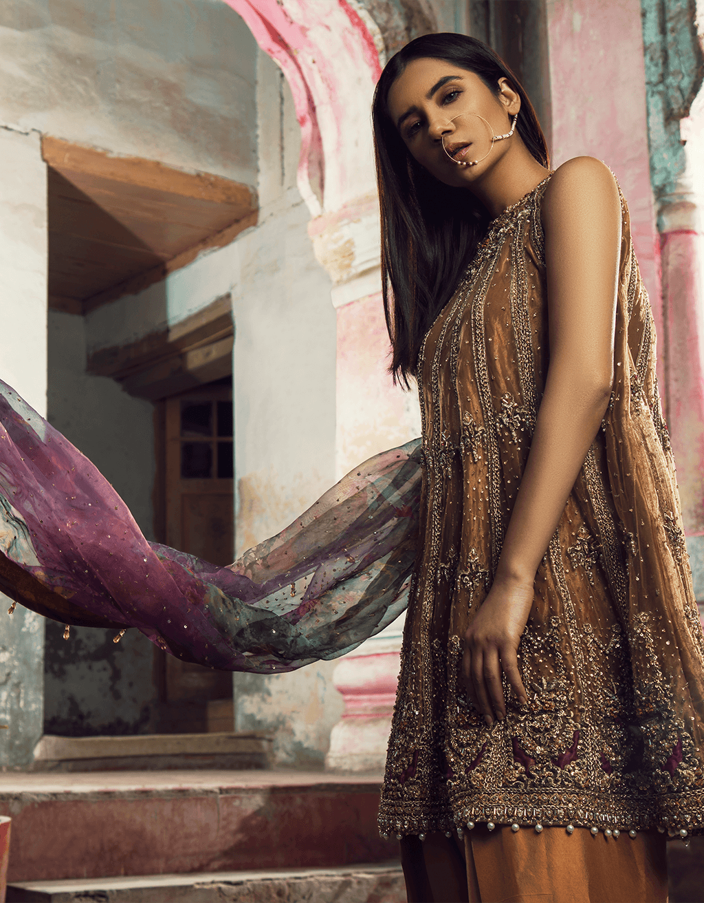 Pakistani Burnt Orange Resham Embroidered Raw Silk Peplum (3-Piece) - Image 2