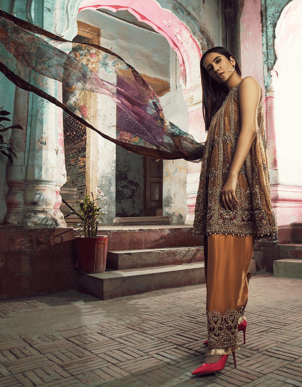 Pakistani Burnt Orange Resham Embroidered Raw Silk Peplum (3-Piece) - Image 3