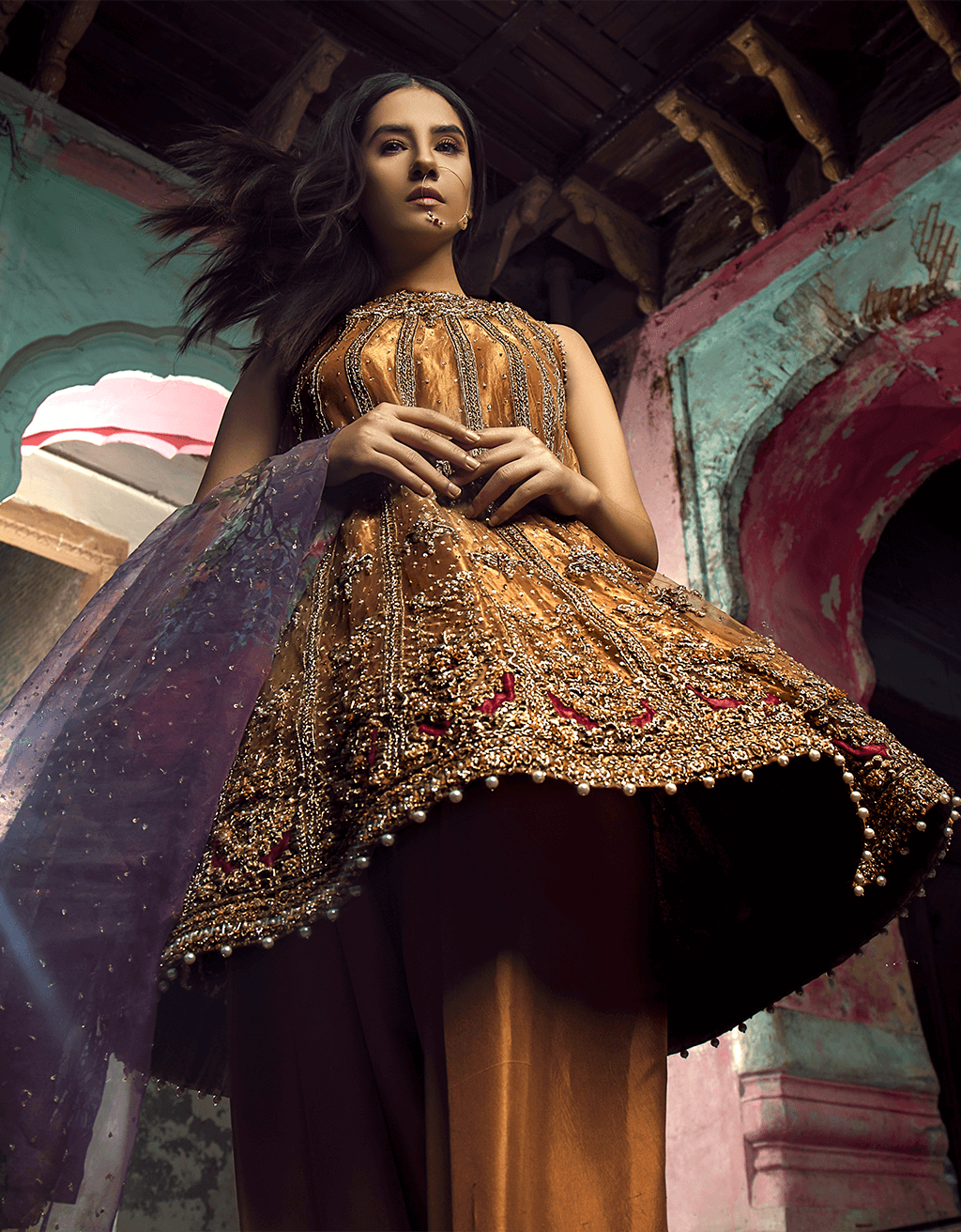 Pakistani Burnt Orange Resham Embroidered Raw Silk Peplum (3-Piece) - Image 4