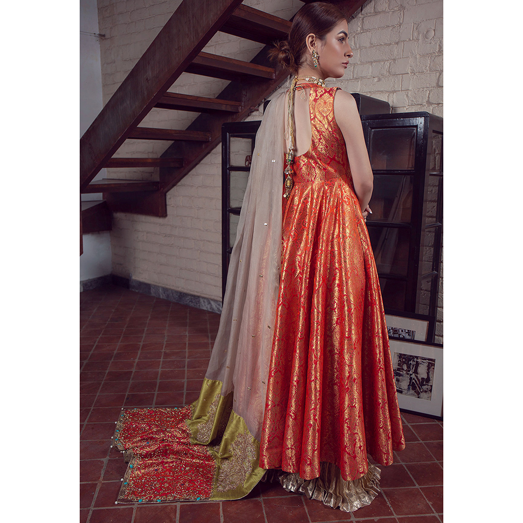 Pakistani Orange Brocade Kalidar Pishwas Dress (3-Piece) - Image 3