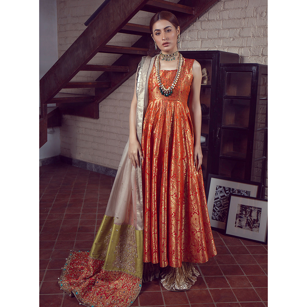 Pakistani Orange Brocade Kalidar Pishwas Dress (3-Piece) - Image 4