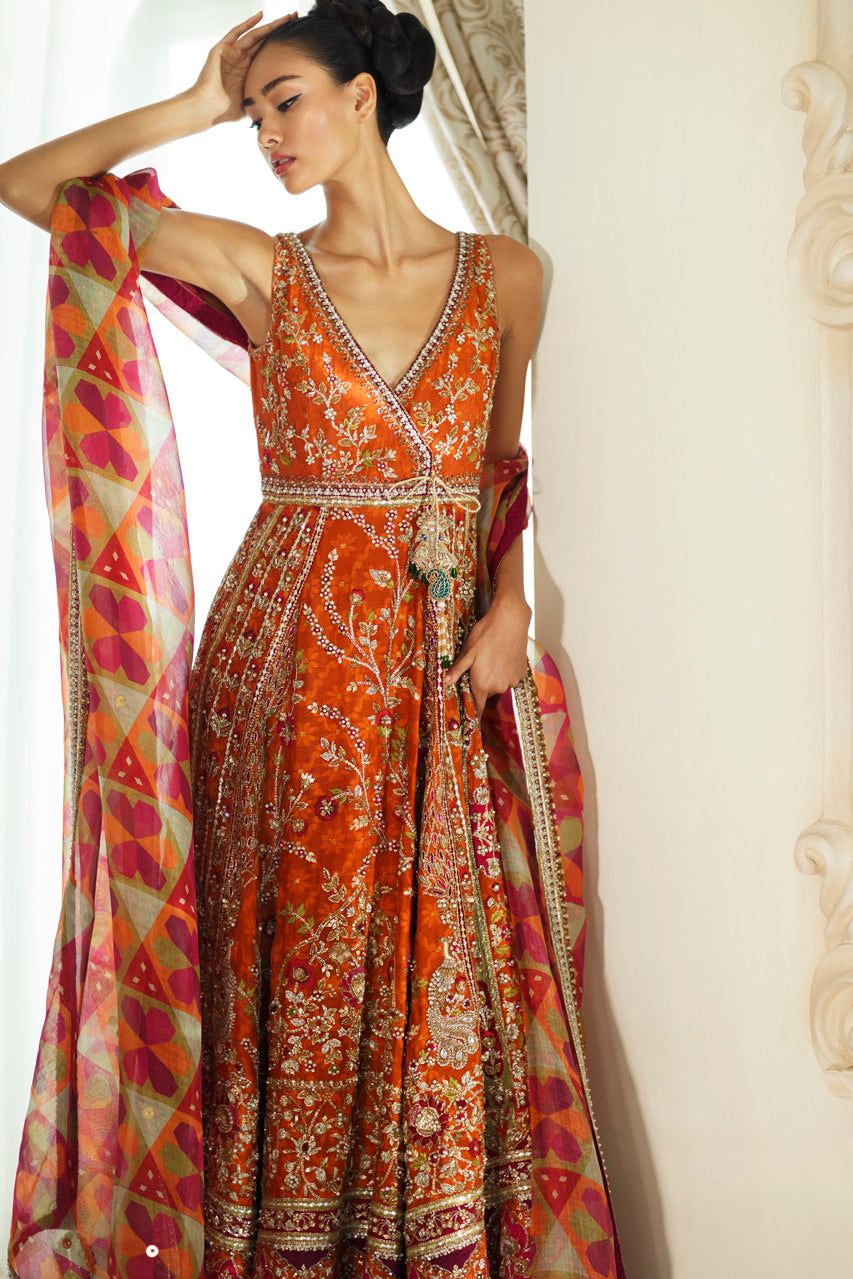 Rust Hand-Embroidered Cotton Net Pishwas Lehnga (3-Piece) - Image 1