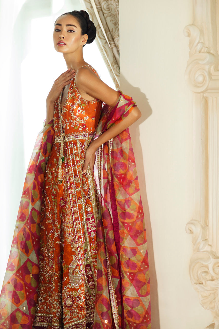 Rust Hand-Embroidered Cotton Net Pishwas Lehnga (3-Piece) - Image 2