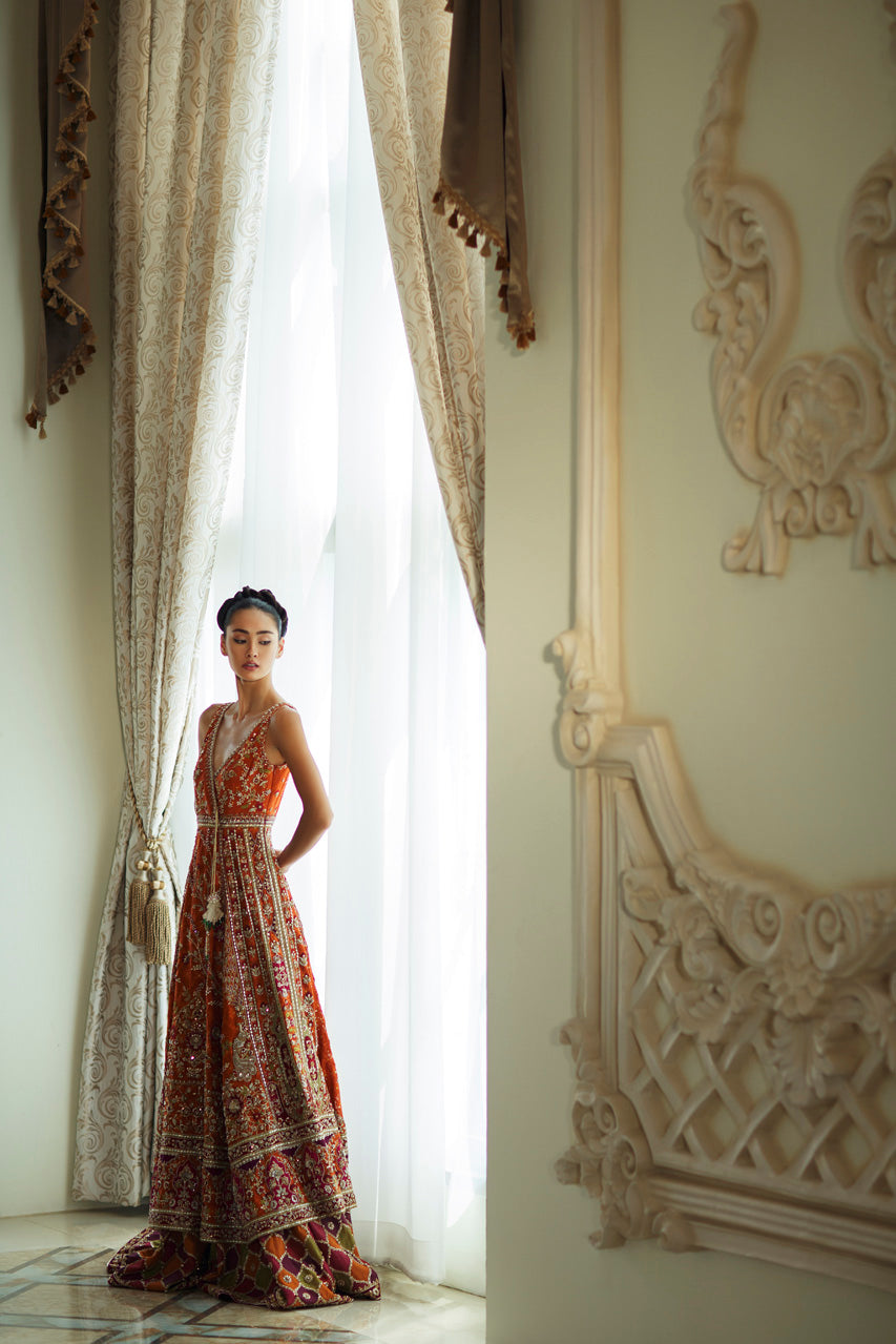 Rust Hand-Embroidered Cotton Net Pishwas Lehnga (3-Piece) - Image 3