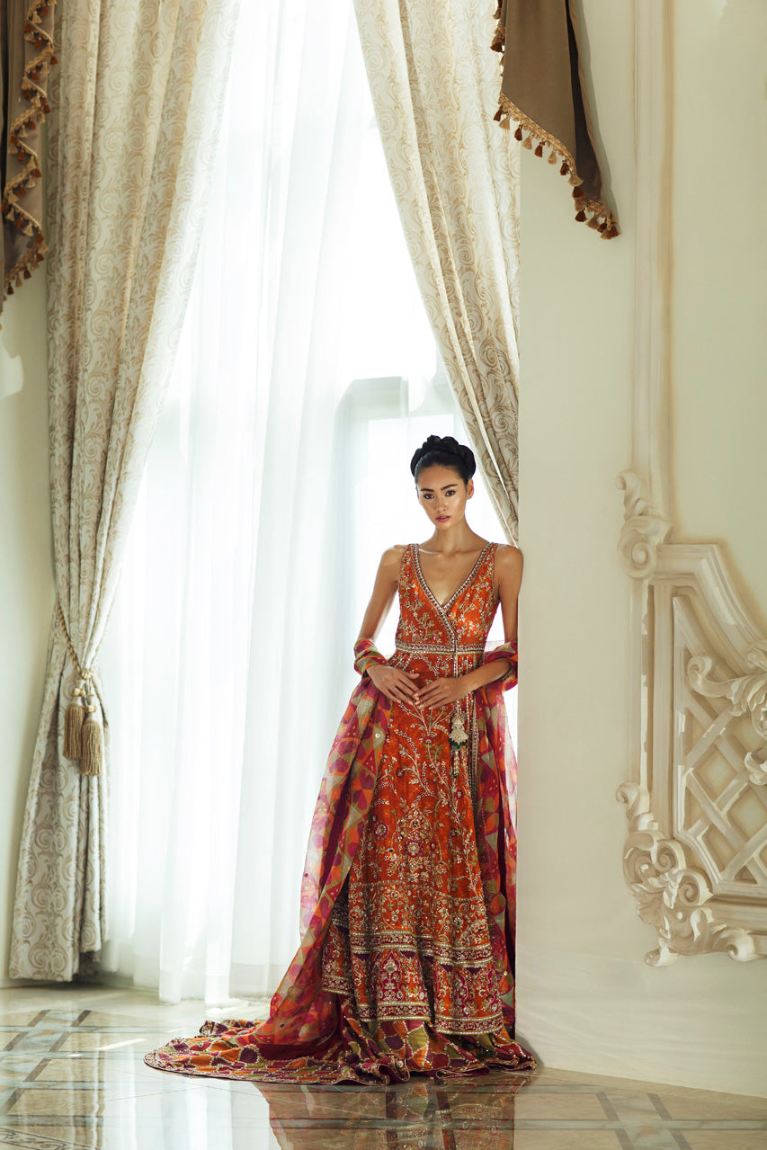 Rust Hand-Embroidered Cotton Net Pishwas Lehnga (3-Piece) - Image 4