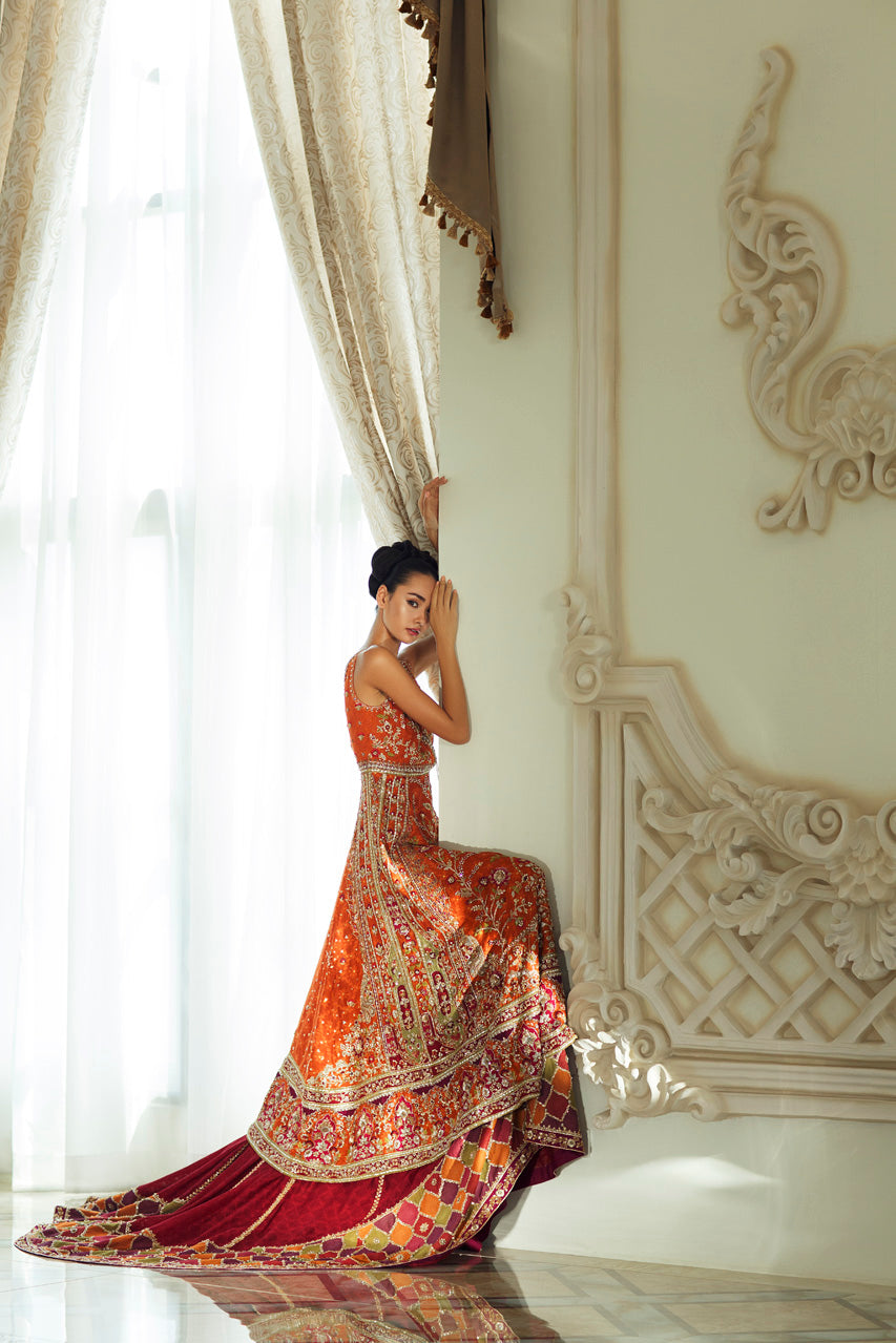 Rust Hand-Embroidered Cotton Net Pishwas Lehnga (3-Piece) - Image 5