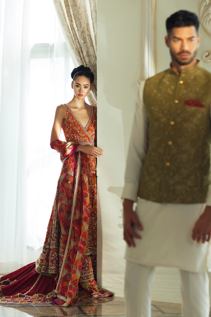 Rust Hand-Embroidered Cotton Net Pishwas Lehnga (3-Piece) - Image 6