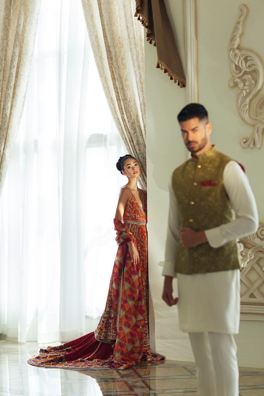 Rust Hand-Embroidered Cotton Net Pishwas Lehnga (3-Piece) - Image 7