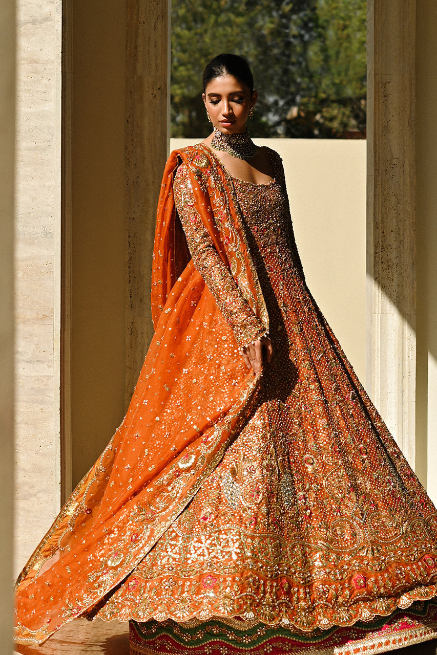 Burnt Orange Zardozi Cotton Net Pishwas (3-Piece) - Image 1