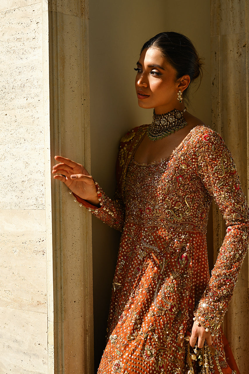 Burnt Orange Zardozi Cotton Net Pishwas (3-Piece) - Image 2