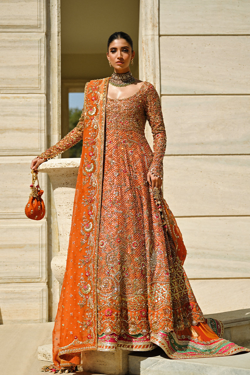 Burnt Orange Zardozi Cotton Net Pishwas (3-Piece) - Image 3