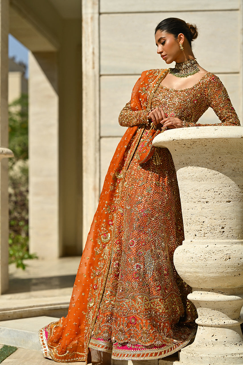 Burnt Orange Zardozi Cotton Net Pishwas (3-Piece) - Image 6